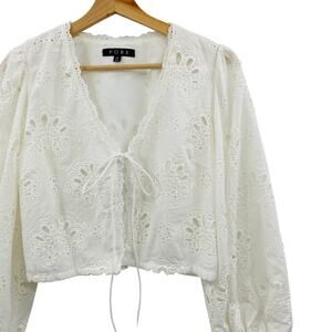 Fore white eyelet embroidered tie front blouse